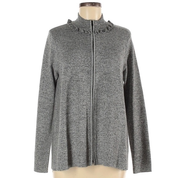 Per Se By Carlisle Size M Grey Knit Long Sleeve Zip Up Sweater Jacket W Ruffles